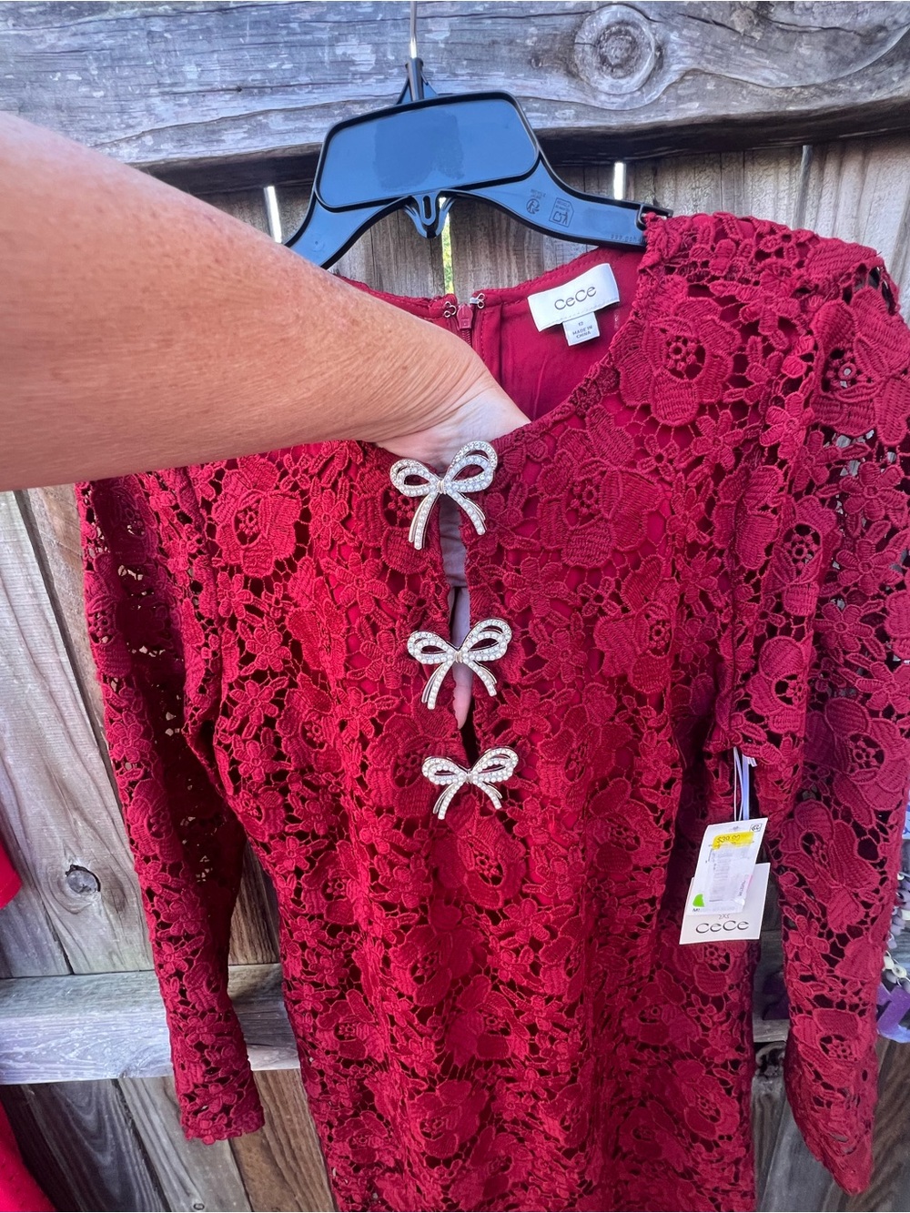 CeCe Mulberry Red Lace Dress with Bow Accents - Picture 7 of 12